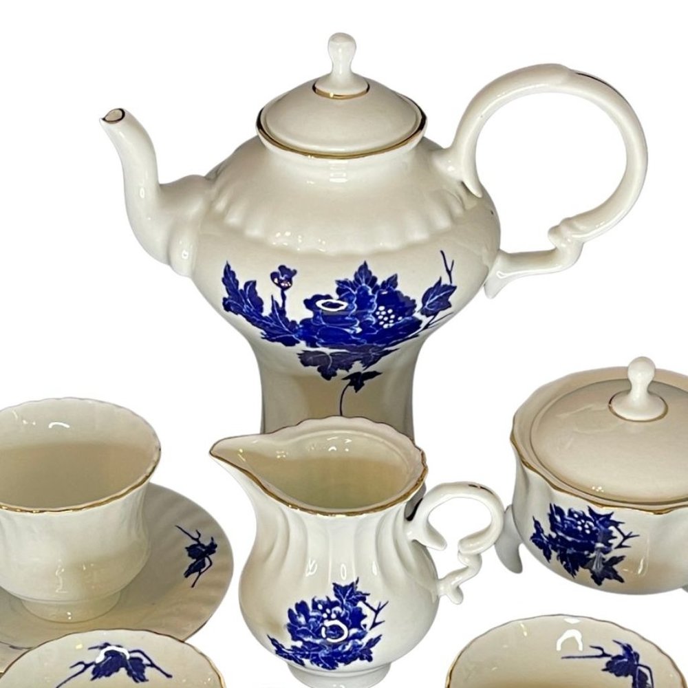 Vintage Bone China Coffee Espresso Tea Set Royal Blue Floral Romanian